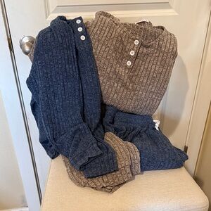 Cozy Ribbed Pajama Set - Blue and Brown Set